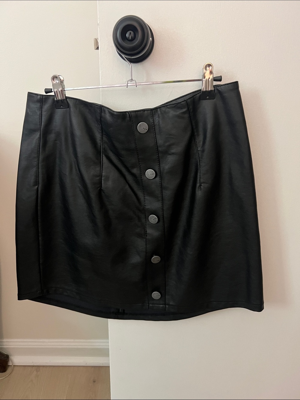 Classic Black Faux Leather Button-Front Mini Skirt